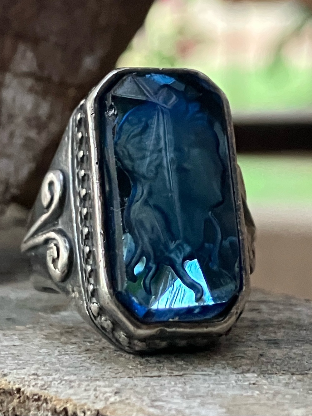 925 Intaglio Cameo Reverse Carved Blue Glass Vintage Sterling Silver Ring 7
